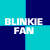 Pixelated text 'BLINKIE FAN' appears in white on a split cyan and dark blue background with visible pixelation artifacts.