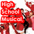 Animated sequence of red text overlays on a group of people in red and white clothing, with visible text reading "High School Musical," "Let's celebrate where we come from!", "With friends who've been there all along", "just like.", "our high school musical!", and "HSM 4 0901".