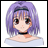 Pixelated anime-style character with short purple hair and brown eyes, wearing a black choker and light blue top against white background.