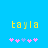 Yellow pixelated text 'tayla' on bright blue background with pink and light purple flower icons below, two versions showing animation change in flower positions.
