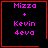 Four identical black square with red borders display pink text reading "Mizzo + Kevin 4eva"; one has a small red heart symbol in the bottom-right corner