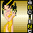 Pixelated character in gold dress with black hair and yellow accents, standing against striped background with vertical text.