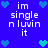 Blue background with white text reading 'im single n luvin it' and pixelated heart icons in blue and teal.
