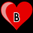Four red heart shapes arranged in a on a black background, each containing a single letter or word in bold black text with white outlines