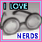 nine identical frames showing a pair of round glasses with 'I LOVE' above and 'NERDS' below, each frame bordered in pink and cyan