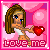Pixel art contact sheet showing two frames of an animated buddy icon featuring a cartoon woman holding a heart against a pink background with "love me" text.