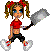 Pixelated character with brown braided pigtails tied by red bows, blue eyes, red crop top, black shorts, white sneakers with red accents holding a large gray and black object.