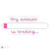 A sequence of pink and white pixelated frames showing a loading bar filling from left to right with pink blocks, each frame labeled 'My avatar is loading...' in pink text above the bar.