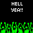 Pixelated green figures with raised hands beneath white text reading 'HELL YEA!!' on a black background.