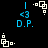 Pixelated icon with blue text '<3 D.P.' and white geometric shapes on black background, alternating between two states.