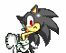 Pixel art of a dark-furred anthropomorphic hedgehog with red eyes and a yellow muzzle, holding a white and green object, alongside a smaller version of the same character with a different expression.