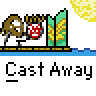 Pixel art contact sheet showing two animated frames of a character holding an object near water with text and logo elements.