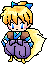 Pixel art character with blonde hair tied in a blue bow, wearing purple pants and brown top, standing against gray background.
