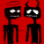 Pixelated black stick figure with white eyes and mouth on red background, wearing either a halo or horns; some versions have pink bow-like shapes over the eyes.
