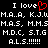 Black background with white pixelated text and a red heart symbol, displaying repeated phrases including 'I love' followed by various acronyms and 'A.L.S.!!!!!!'.