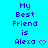 Blue background with repeated text 'My Best Friend is Alexa' and varying pink heart symbols.
