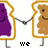 Pixelated toast-shaped characters holding hands with purple and brown halves, text reading 'we belong together' below.