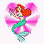 Four pixelated mermaid and couple scenes with pink heart-shaped backgrounds, each in distinct poses and expressions.