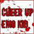 Red pixelated text 'CHEER UP' and 'EMO' on white background with scattered red dots.