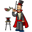 A magician in a black top hat, red cape, gray suit, and white shirt performs tricks with a black top hat on a stool, holding a wand and a fish, with smoke and star effects.