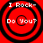 Four identical red circular icons with black concentric rings and white text reading "I Rock- Do You?" arranged in a on a solid red background
