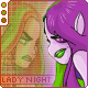 identical cartoon-style character icons with purple hair, green lips, and pink skin against a blurred background featuring the text "LADY NIGHT"