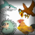 Pixelated static image shows four distinct cartoon characters: a teal-hatted figure, a brown bird, a green-haired character, and a yellow chicken-like figure against a gray gradient background.