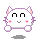 Pixelated white cat with pink inner ears and cheeks, purple outline, black eyes, gray mouth; two states show closed eyes and open mouth.