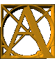 Golden geometric A-shaped structure with interwoven lines and circular cutouts, displayed in multiple 3D views against a gray background.