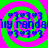 A static digital image displays four identical spiral patterns with alternating green and pink colors, each containing blue text reading "ly randally" and heart symbols. The background is a solid bright green color.