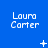 Blue background with white text 'Laura Carter' repeated in a , featuring animated plus signs and dots that change position across frames