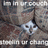 Pixelated image of a person in a couch with red text reading "He's in your couch... STEELING YOUR CHANGE! OH NOES!" on black background.