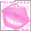 Four pink lips icons with 'Kiss me' text top-left, 'Muah' text bottom-right, and star patterns, each showing distinct animation frames.