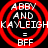 Four identical red circular icons with white text reading 'ABBY AND KAYLEIGH = BFF' on black background, each icon has concentric rings and slight pixelation.