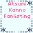 Pixelated icon with pink text and dark blue decorative elements arranged in a pattern on light background