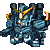 Pixelated blue mecha with golden horns and red chest accents undergoes sequential explosion animation against gray background.