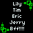 Green pixelated square icon with white text listing names and 'Bff!!!!' on black background, animated with green square elements shifting position.