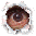 Two pixelated circular images of a person's face with brown hair, one showing an open eye and the other closed, surrounded by white sparkles on gray background.