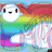 Pixelated cartoon character with white face and black eyes, standing against rainbow gradient background with pink striped lower section.