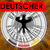 Circular silver icon with black cross symbol and red 'DEUTSCHER' text overlays in various positions on a brown background.