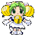 Pixel art character with green hair, yellow pigtails, and pink cat ears in six poses showing facial expressions and head movements.