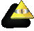Yellow triangular shape with eye symbol on front, rotating against black background in multiple views.