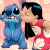 A pixelated animated contact sheet showing two frames of a Lilo and Stitch character icon with green text branding on the right side.