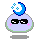 Pixelated character with light purple body, green outline, pink cheeks, and blue crescent moon with stars on head; two versions show sunglasses or closed eyes with black glasses props.