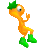 Pixelated orange figure with green hat and boots, one arm raised, single large eye, standing on gray background.