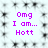 Static image with repeated text "Omg I am... Hott" in purple pixelated font over a light background patterned with small black star-like shapes.