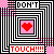 Static pixel art icon with concentric black-and-white squares framing a pink square containing a red heart, bordered by text reading DON'T at top and TOUCH!!! at bottom.