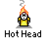 A 4-frame animated contact sheet showing a pixel art character with flames on its head, each frame displaying slight variations in flame and smoke animation above the character's yellow-shirted body.