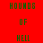 Green pixelated text "HOUNDS OF HELL" repeated across red and black background sections in a