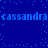 Blue background with scattered light blue pixels and repeated text 'cassandra' in two horizontal lines.